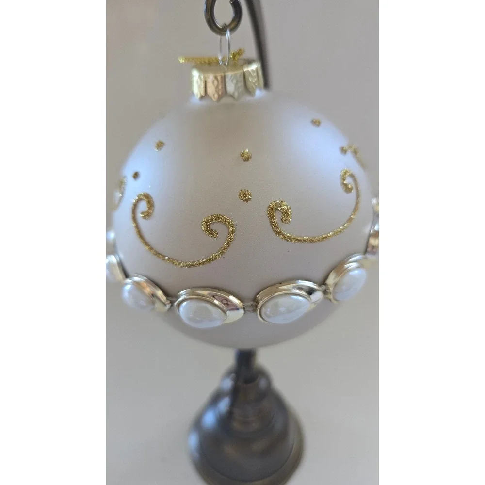New Kurt Adler Cream Glass Ball Christmas Ornament Gold Faux Pearl Belt